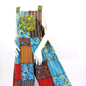 Cotton Colorful Hippie Handmade Patchwork Wide Leg Mushroom Print Bohemian Overalls, Patchwork Jumpsuit, Eco-Friendly Clothing