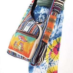 Unique Design Mushroom with Frog Hand Embroidery Tie Dye crossbody bag Hippie Bag Festival Bag 100% Hemp FAIR TRADE Handmade with Love