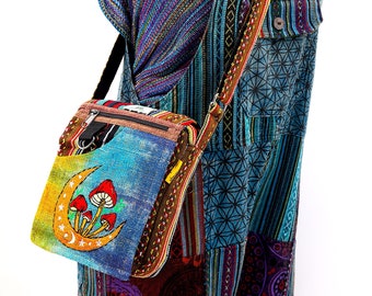 Unique designed Himalaya Hemp Moon Mushroom Embroidered Tie Dye Passport Crossbody Bag, Hippie Bag, Boho Bag, Eco-Friendly Crossbody Bag