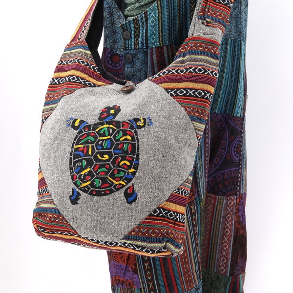 Cotton Turtle design Handcraft Shoulder Bag, Unique Tapestry Hobo Bag, Festival bag Sling Bag, Hippie Crossbody bag Handmade with Love