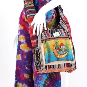 Moon Mushroom Embroidery Hemp Shoulder Bag Handwoven Festival Bag