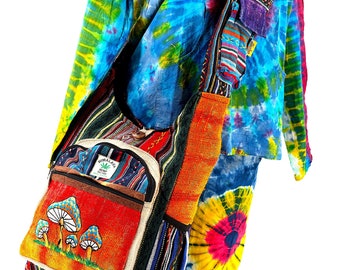 Unique designed Himalaya Hemp Mushroom Embroidered Tie Dye Crossbody Bag, Hippie Bag, Boho Bag, Eco-Friendly Crossbody Bag