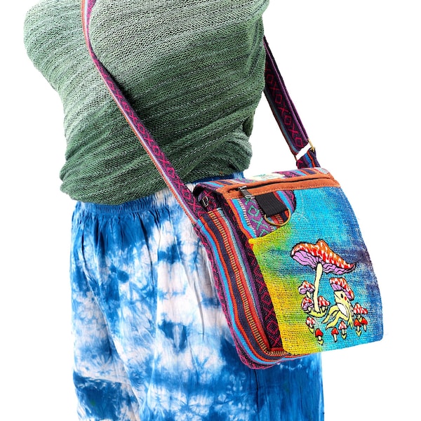 Unique designed Himalaya Hemp Frog Mushroom Embroidered Tie Dye Passport Crossbody Bag, Hippie Bag, Boho Bag, Eco-Friendly Crossbody Bag