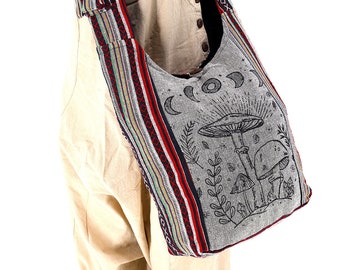 Cotton Mushroom Print Shoulder Bag, Unique Tapestry Hobo Bag, Festival bag Sling Bag, Hippie Crossbody bag Handmade with Love.