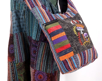 Borsa a tracolla con ricamo a fungo in cotone, borsa hobo con tappezzeria unica, borsa a tracolla per borsa da festival, borsa a tracolla hippie fatta a mano con amore.