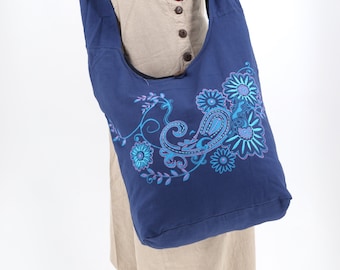 Bolsa estilo Hobo de algodão com tapeçaria de flores bordadas, feita à mão, estilo Boho