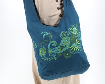 Bolsa estilo Hobo de algodão com tapeçaria de flores bordadas, feita à mão, estilo Boho