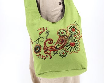 Bolsa Hobo de Algodão Bordada Feita à Mão com Tapeçaria Floral