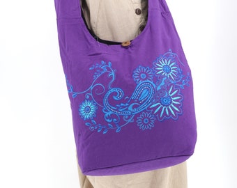 Bolsa Hobo de Algodão Bordada, Tapeçaria Floral, Bolsa Boho Feita à Mão para Festival