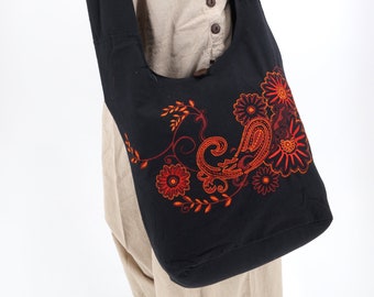 Bolsa estilo Hobo de algodão com tapeçaria de flores bordadas, feita à mão, estilo Boho