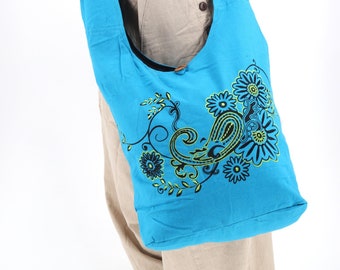 Cotton Shoulder Bag, Unique Tapestry with Flower Embroidery Hobo, Festival bag Sling Boho Bag, Hippie bag Handmade with Love.