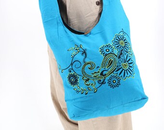 Bolsa Hobo de Algodão Bordada, Tapeçaria Floral, Bolsa Boho Feita à Mão para Festival