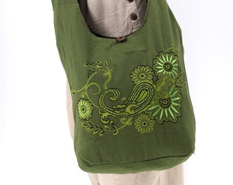 Bolso de hombro de algodón, tapiz único con bordado de flores Hobo, bolso de festival Sling Boho Bag, bolso hippie hecho a mano con amor.