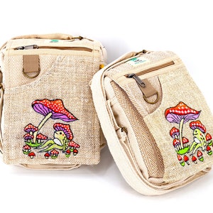 Einzigartige Himalaya Hanf Frosch Pilz gestickte beige Passport Umhängetasche, Hippie-Tasche, Boho Tasche, umweltfreundliche Umhängetasche