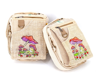 Torebka na ramię z konopi himalajskiej z haftem żaby i grzybów, ekologiczny styl boho hippie