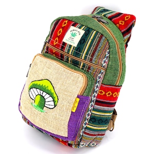 Himalayan Hemp Mushroom Embroidered Sling Backpack Green Boho Mini Bag