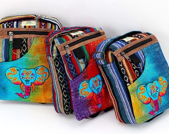 Himalayan Hemp Crossbody Bag Embroidered Elephant, Boho Tie Dye