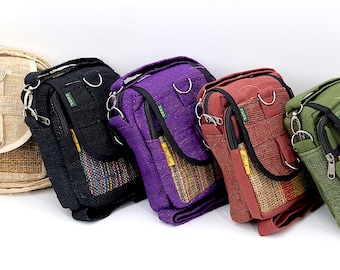 Bolso bandolera de cáñamo hecho a mano para cámara, estilo mensajero con múltiples bolsillos