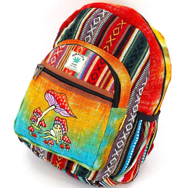 Unique designed Himalaya Hemp Frog Mushroom Embroidered Tie Dye Mini Backpack, Hippie Backpack, Boho Backpack, Eco-Friendly Backpack