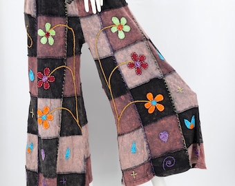Handgemaakte katoenen wijd uitlopende broek met bloemen geborduurd patchwork Palazzo