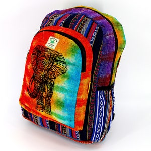 Grand sac à dos tie-dye imprimé éléphant en chanvre de l'Himalaya, sac à dos hippie, sac à dos bohème, sac à dos respectueux de l'environnement