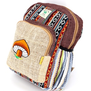 Mini sac à dos brun brodé de champignons de chanvre de l'Himalaya au design unique, sac à dos hippie, sac à dos bohème, sac à dos écologique