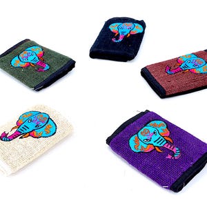 Cartera de diseño exclusivo hecha 100 % de cáñamo con elefantes multicolores bordados, cartera de cáñamo, producto ecológico
