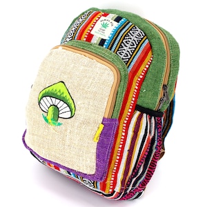 Mini sac à dos vert brodé de champignons de chanvre de l'Himalaya au design unique, sac à dos hippie, sac à dos bohème, sac à dos écologique