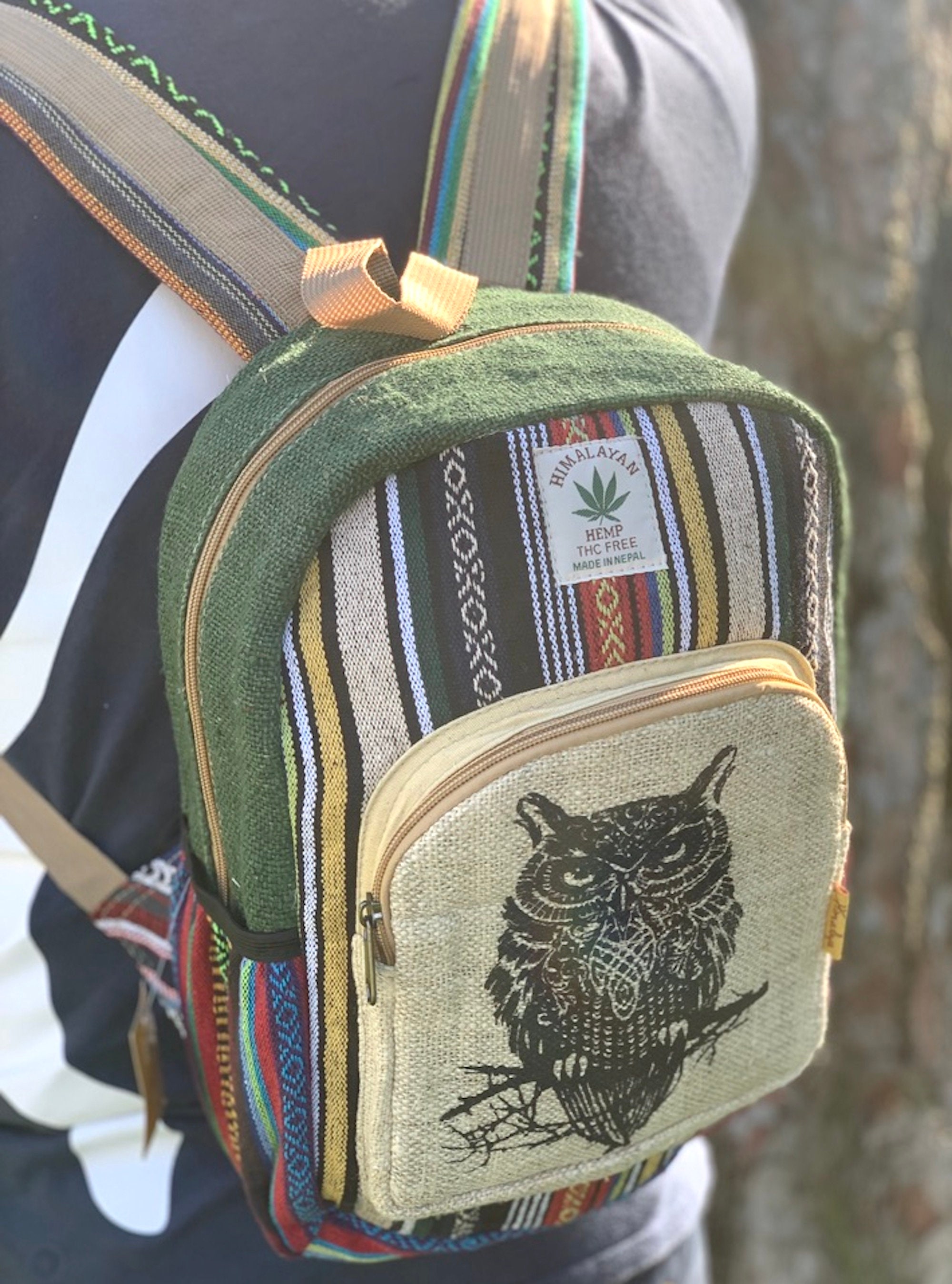 Himalayan Hemp Mini Backpack Owl Design, Fair Trade Vegan 