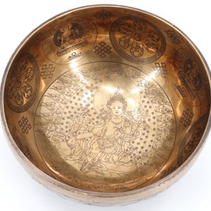 Hand Hammered Tibetan Singing Bowl Green Tara Engraving, Meditation Sound Healing