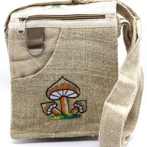 Unique design Mushroom Embroidery Hemp Hobo Passport crossbody bag Festival Travel Bag 100% Himalaya Hemp FAIR TRADE MADE Handmade with Love