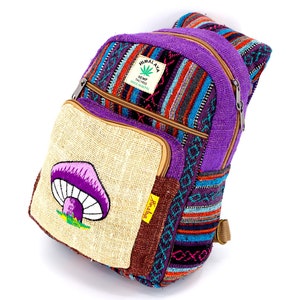 Einzigartiger Himalaya Hanfpilz bestickter lila Schlingen-Mini-Rucksack, Hippie-Rucksack, Boho-Rucksack, umweltfreundlicher Rucksack