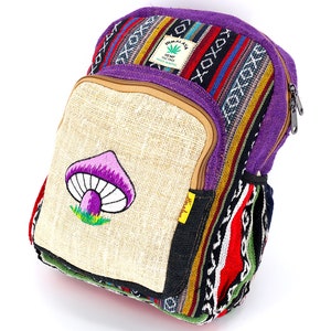 Mini sac à dos violet brodé en chanvre de l'Himalaya, sac à dos hippie, sac à dos bohème, sac à dos respectueux de l'environnement
