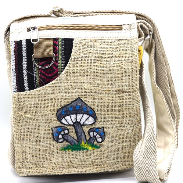 Unique design Mushroom Embroidery Hemp Hobo Passport crossbody bag Festival Travel Bag 100% Himalaya Hemp FAIR TRADE MADE Handmade with Love