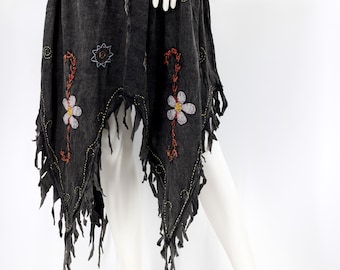Handgemaakte katoenen hippie geborduurde stonewashed rok, rok met franjes