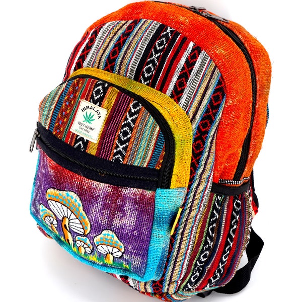 Unique designed Himalaya Hemp Mushroom Embroidered Tie Dye Mini Backpack, Hippie Backpack, Boho Backpack, Eco-Friendly Backpack