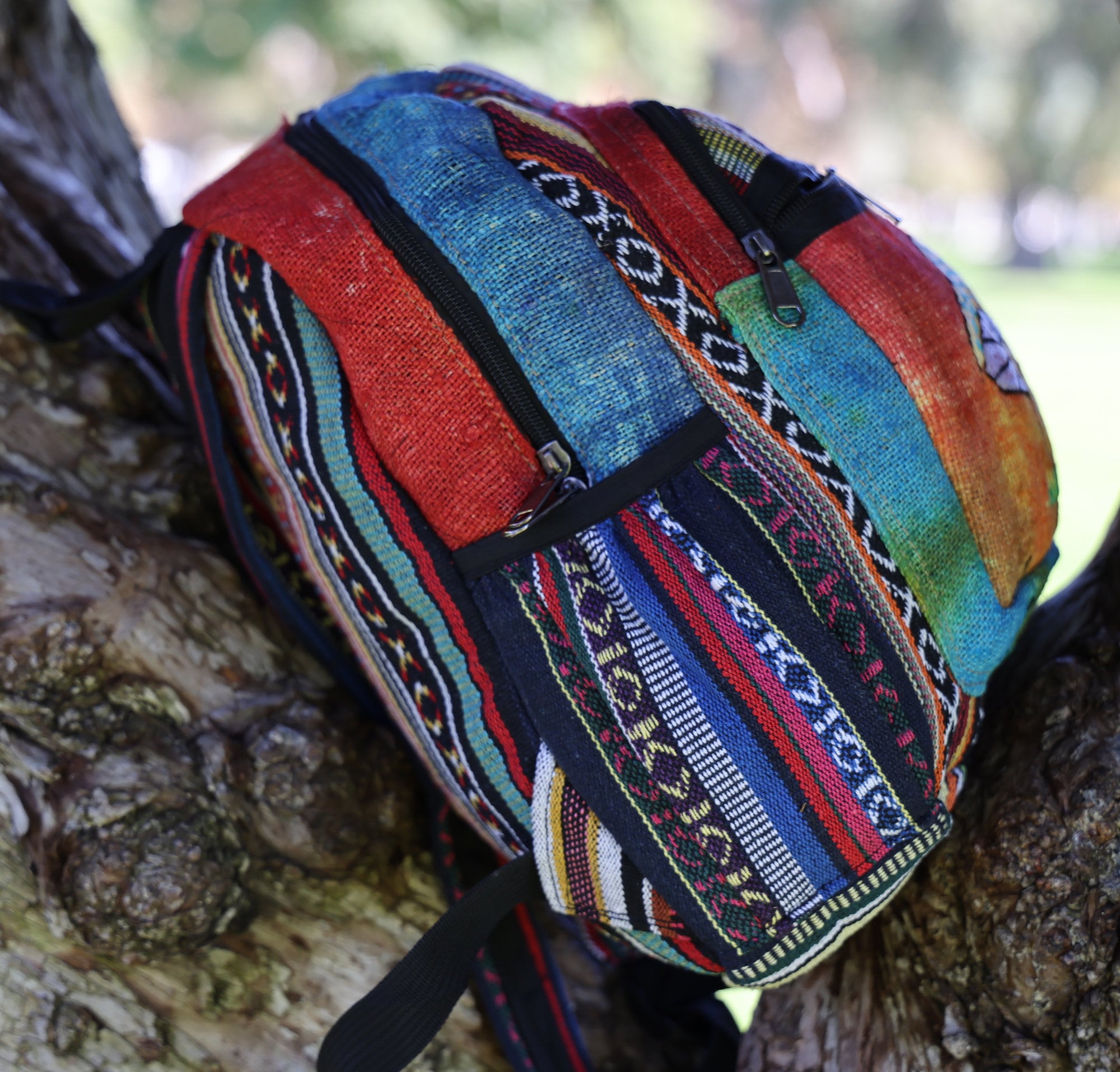 Himalayan‎ Hemp Backpack Nepal Striped Patchwork Boho Woven Multi-Color Bag Black Colored Hemp Backpack– Best Himalaya main image 2