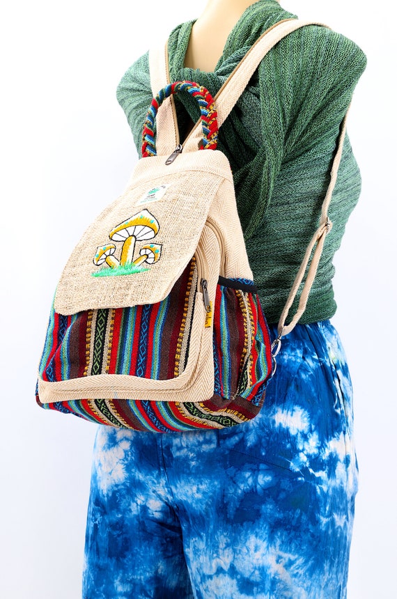 Himalayan Hemp Mushroom Embroidered Sling Backpack  display picture 1