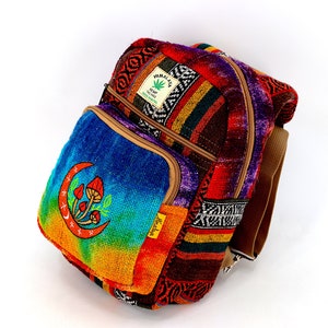 Mini sac à dos à bandoulière tie-dye brodé Himalaya chanvre lune au design unique, sac à dos hippie, sac à dos bohème, sac à dos respectueux de l'environnement