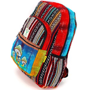 Grand sac à dos unique en son genre avec broderie tie-dye et champignons en chanvre de l'Himalaya, sac à dos hippie, sac à dos bohème, sac à dos respectueux de l'environnement