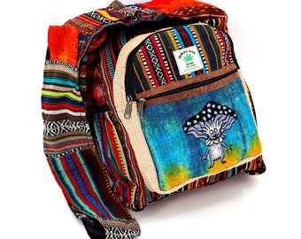 Himalayan Hemp Crossbody Bag Embroidered Mushroom Elf, Tie Dye Boho Hippie Style