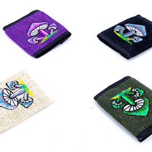 Billetera de cáñamo 100 % con diseño exclusivo, bordada con hongos multicolores, billetera de cáñamo, producto ecológico