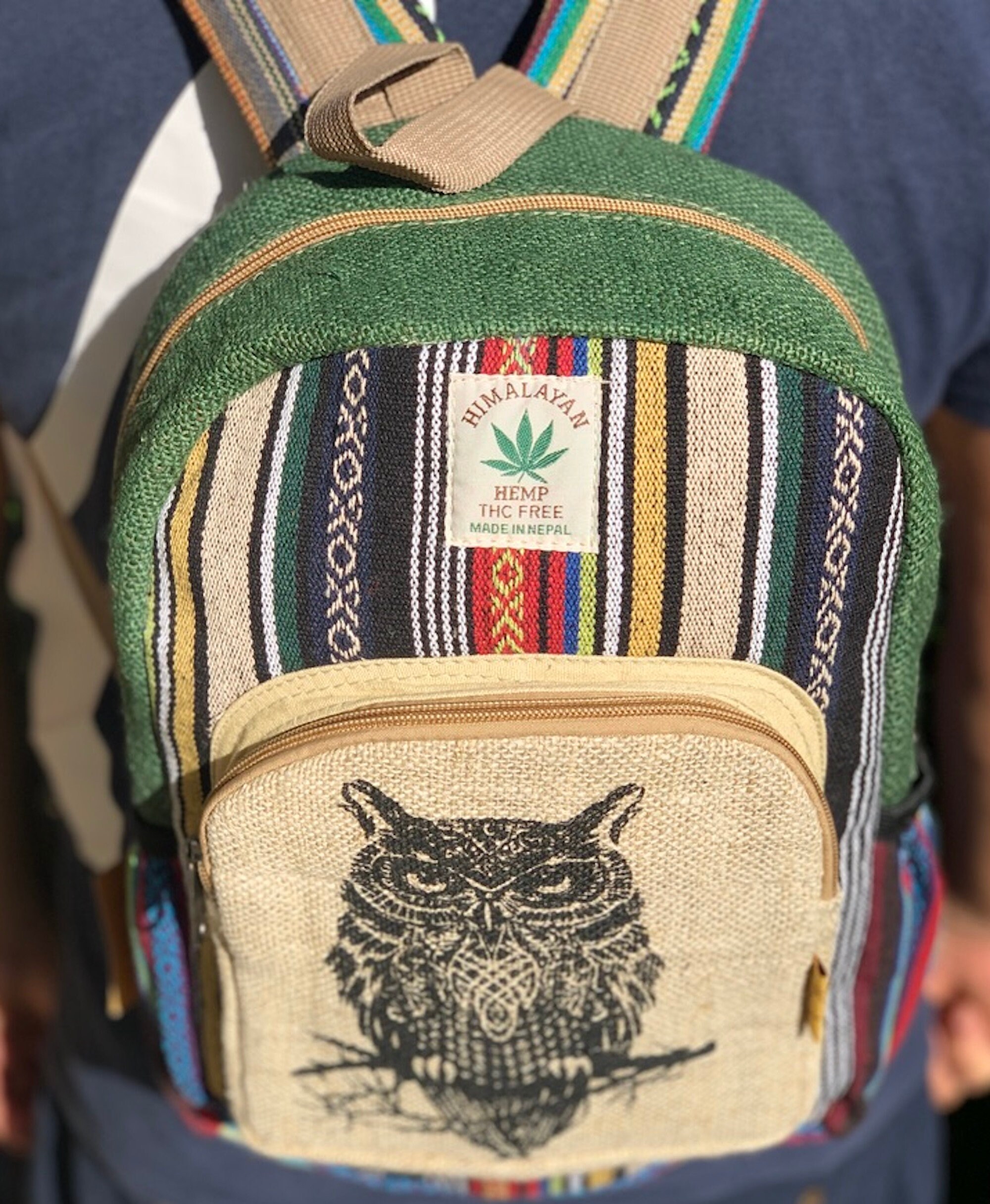 Rising Intl•Himalayan Hempz small backpack with owl design. ? hemp ? Nepalese​ Himalayan Hemp Mini Backpack Owl Design, Fair Trade Vegan  main image 3