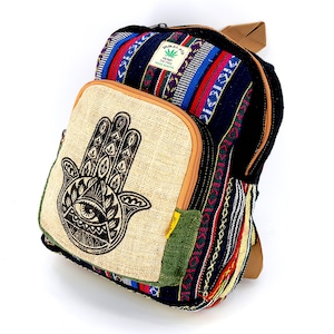 Einzigartig gestalteter Mini-Rucksack mit Himalaya-Hanf-Hamsa-Print, Hippie-Rucksack, Boho-Rucksack, umweltfreundlicher Rucksack