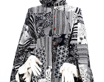 Handmade Cotton Patchwork Poncho Geometric Flower of Life Print