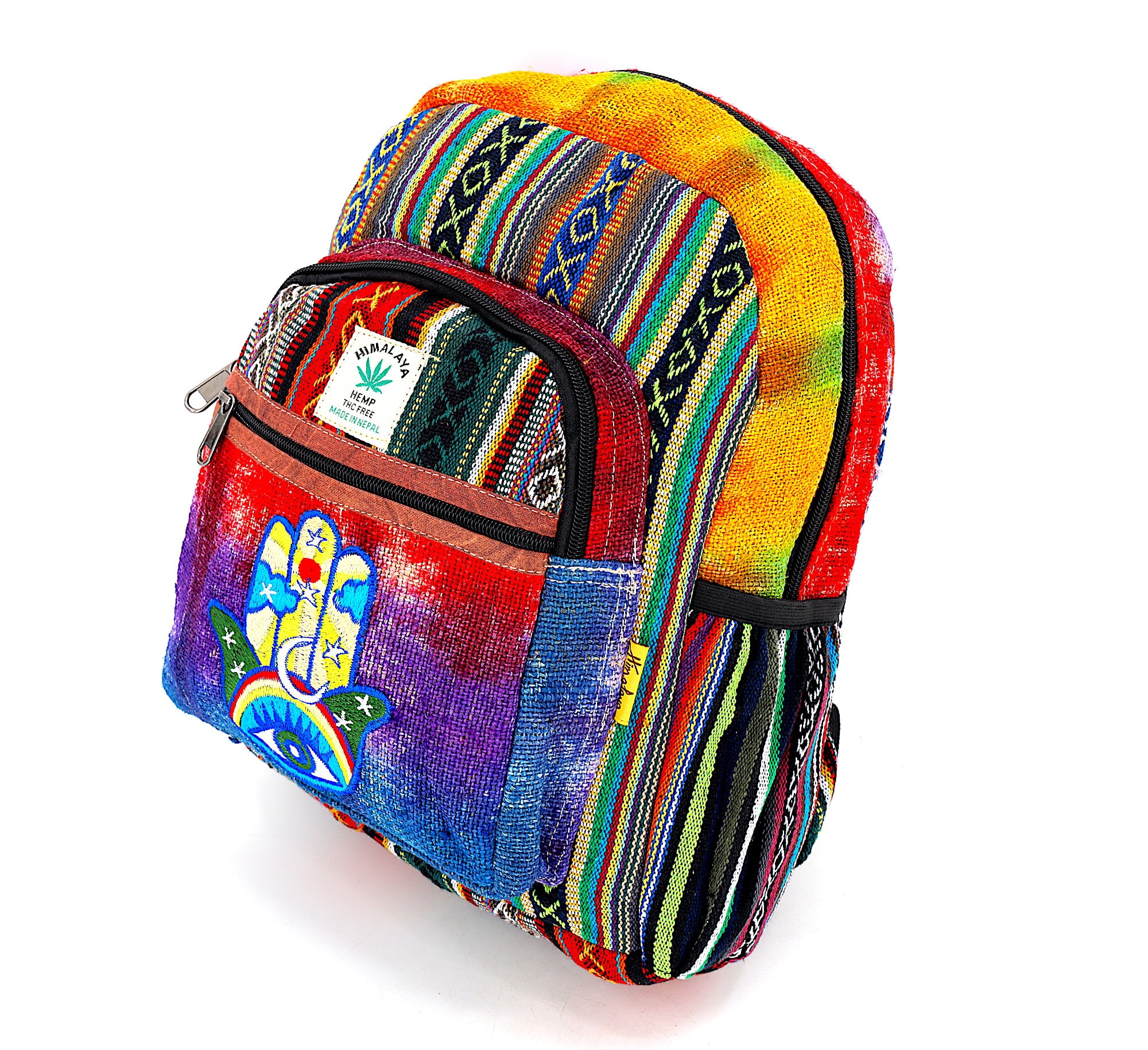 100% Hemp Multicolor Striped Backpack with Hamsa Front Pocket Mini Rainbow Hemp Backpack: Eco-Friendly and Colorful Style  main image 2