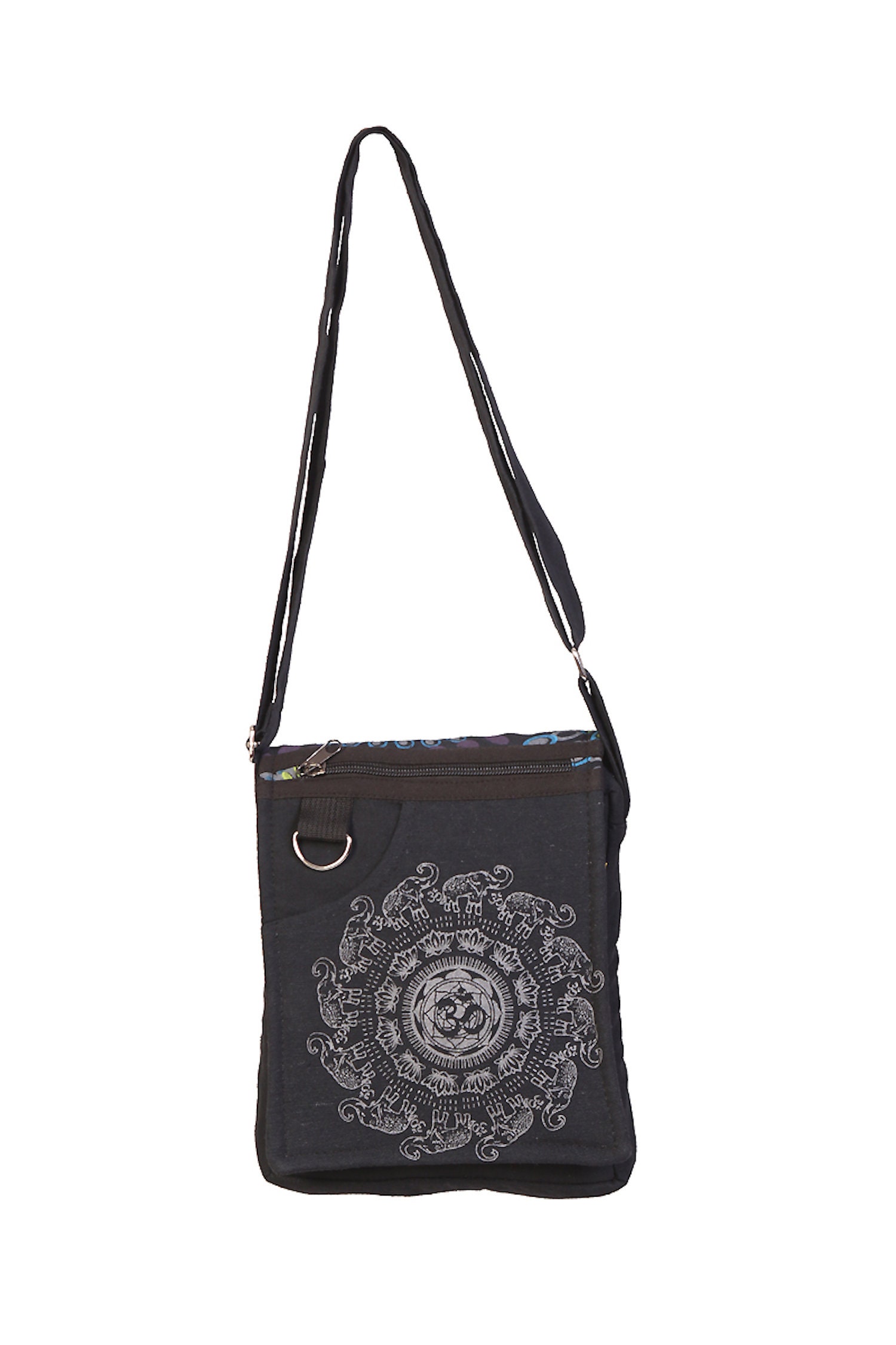 Hippie Boho Mandala Elephant with Om Print Passport & iPad Shoulder Bag 100% cotton Handmade in Nepal.