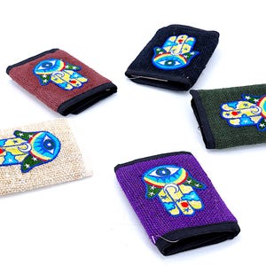 Cartera de cáñamo 100 % bordada a mano con diseño exclusivo y multicolor, cartera de cáñamo, producto ecológico