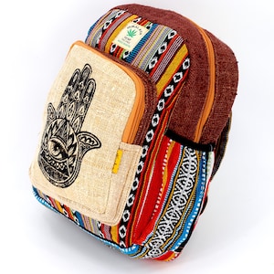 Einzigartiger Himalaya Hanf Hamsa Handdruck Mini Rucksack, Hippie Rucksack, Boho Rucksack, umweltfreundlicher Rucksack