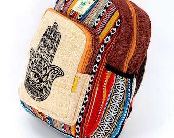 Himalayan Hemp Mini Backpack Hamsa Hand Print, Boho Hippie Style